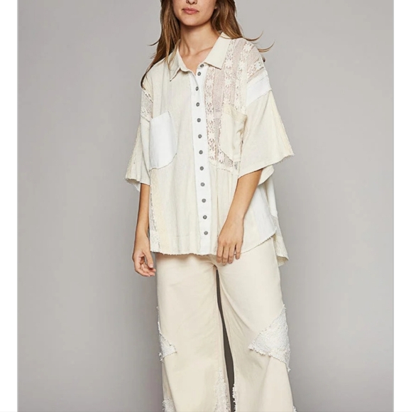 NWT  POL Oversized Mixed Thermal & Lace Button Down Shirt S - Picture 4 of 13